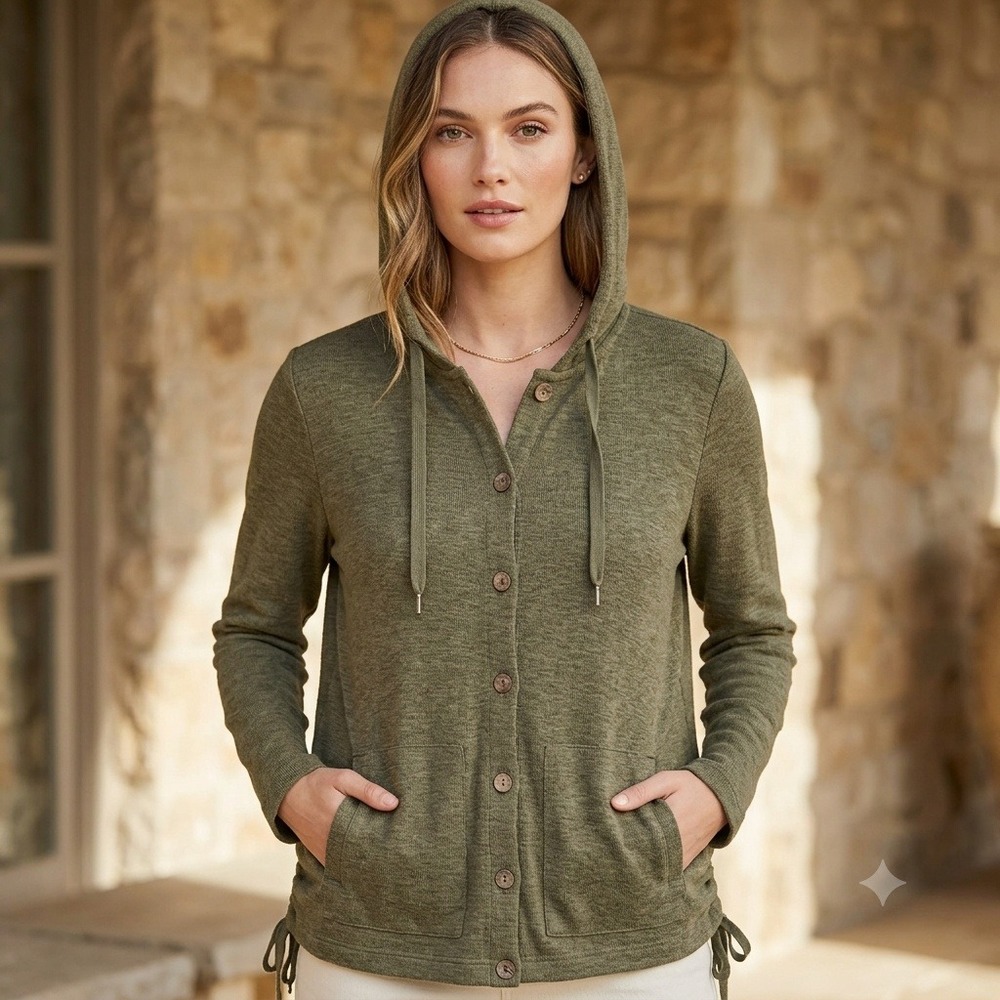 J. Jill Womens Large Tall Olive Green Cotton Linen Button‎ Front Hooded Cardigan